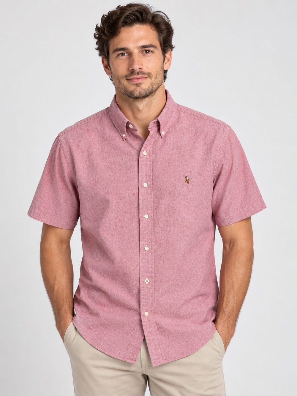 Ralph Lauren Men’s XL Classic Fit Short Sleeve Button Down Shirt Pink Red Oxford